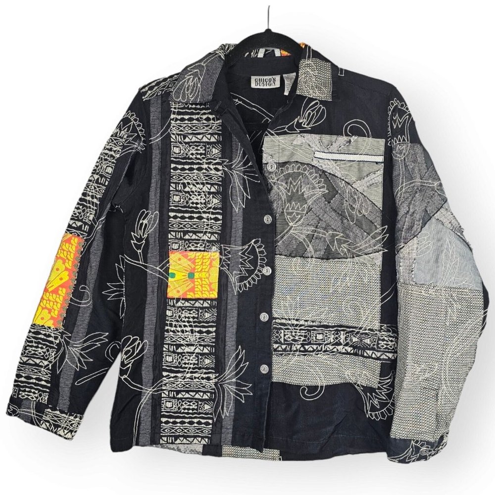 Chico's Design 0 Jacket Embroidered Quilted Patchwork Art To Wear Black Boho